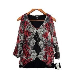 By & By Black Red Split Front/Back Top Lace Floral Print Built-in Tank Small NWT